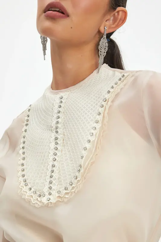 Long Sleeve Beige Blouse with Beading and Knit Trim 39546 - 3