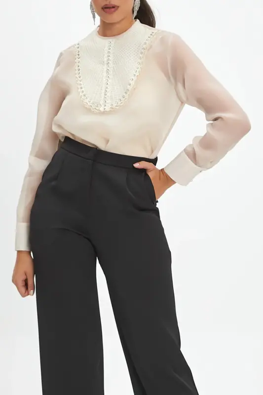 Long Sleeve Beige Blouse with Beading and Knit Trim 39546 - 4