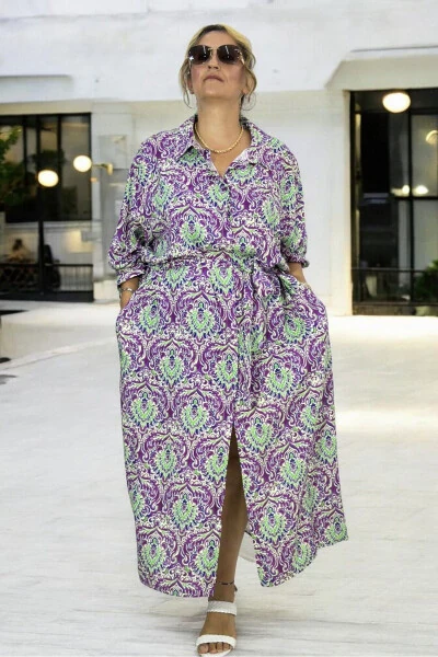 Long Sleeve Belted Dress with Pockets, Button Front, Shawl Pattern, Extra Large Size, Cotton Viscose - 4