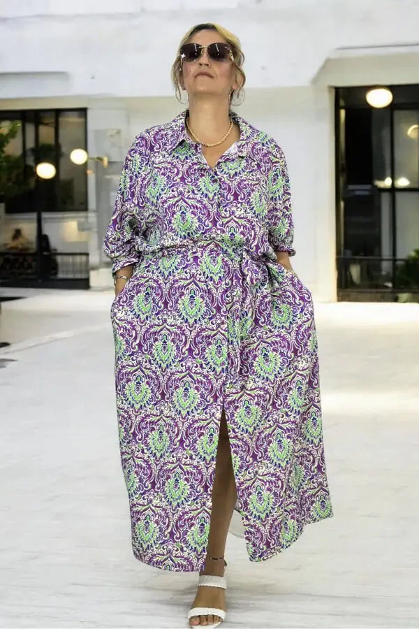 Long Sleeve Belted Dress with Pockets, Button Front, Shawl Pattern, Extra Large Size, Cotton Viscose - 4