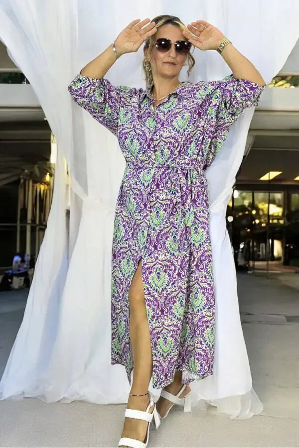 Long Sleeve Belted Dress with Pockets, Button Front, Shawl Pattern, Extra Large Size, Cotton Viscose - 6