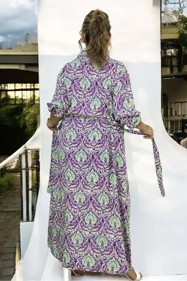 Long Sleeve Belted Dress with Pockets, Button Front, Shawl Pattern, Extra Large Size, Cotton Viscose - 7