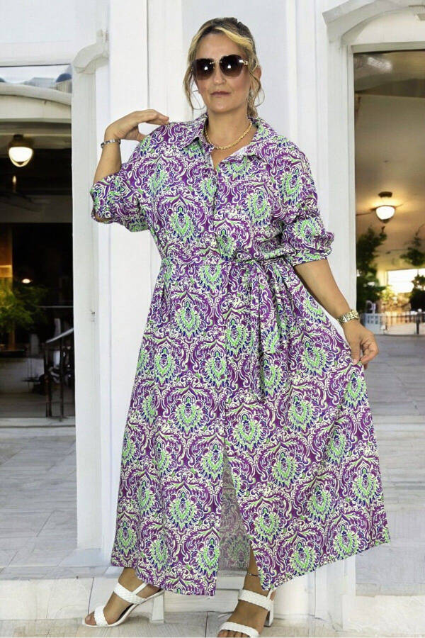 Long Sleeve Belted Dress with Pockets, Button Front, Shawl Pattern, Extra Large Size, Cotton Viscose - 2