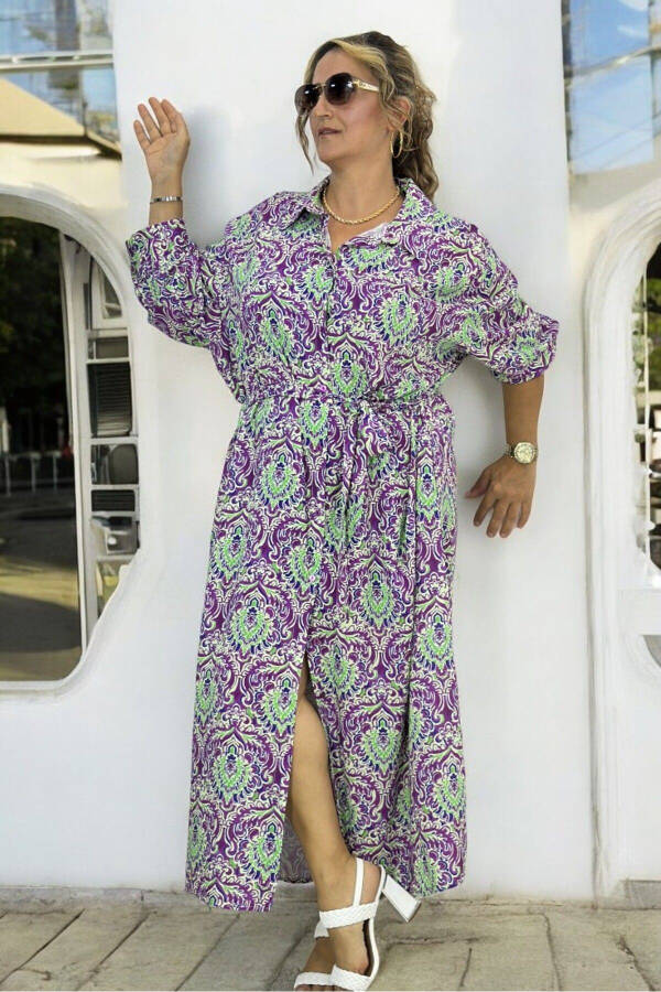 Long Sleeve Belted Dress with Pockets, Button Front, Shawl Pattern, Extra Large Size, Cotton Viscose - 3