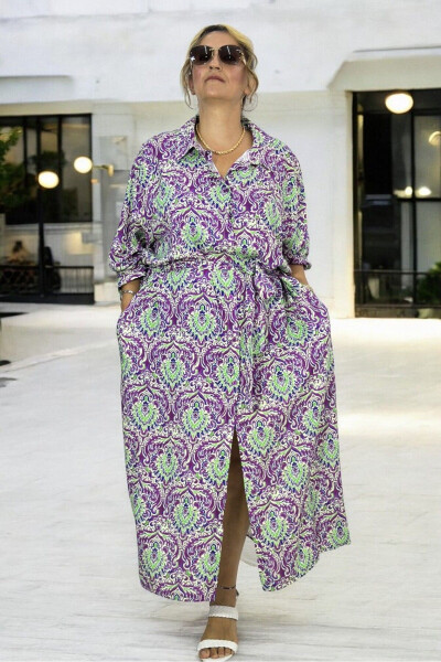 Long Sleeve Belted Dress with Pockets, Button Front, Shawl Pattern, Extra Large Size, Cotton Viscose - 4