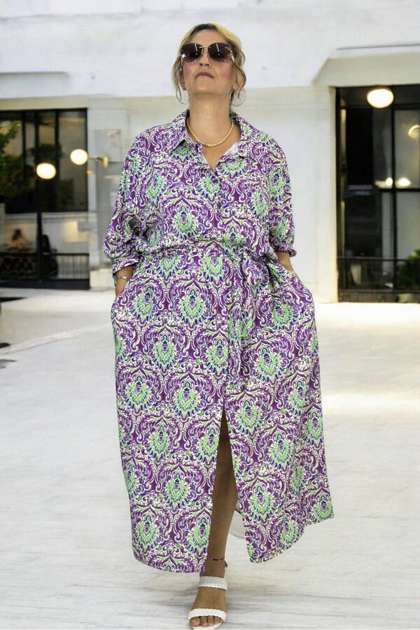 Long Sleeve Belted Dress with Pockets, Button Front, Shawl Pattern, Extra Large Size, Cotton Viscose - 4