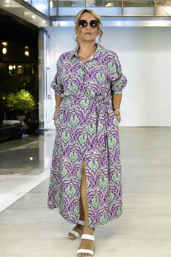 Long Sleeve Belted Dress with Pockets, Button Front, Shawl Pattern, Extra Large Size, Cotton Viscose - 5