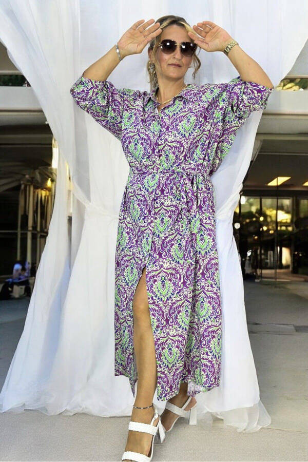 Long Sleeve Belted Dress with Pockets, Button Front, Shawl Pattern, Extra Large Size, Cotton Viscose - 6