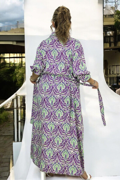 Long Sleeve Belted Dress with Pockets, Button Front, Shawl Pattern, Extra Large Size, Cotton Viscose - 7