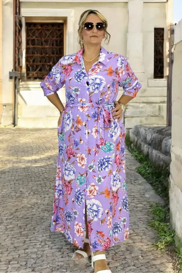 Long Sleeve Belted Pocket Dress with Front Buttons Extra Large Size Cotton Viscose - 1