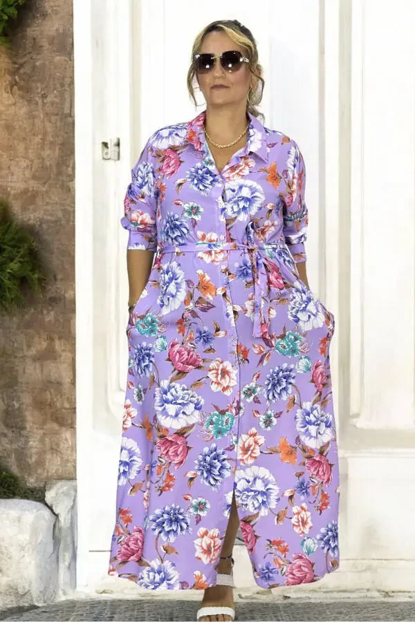 Long Sleeve Belted Pocket Dress with Front Buttons Extra Large Size Cotton Viscose - 7