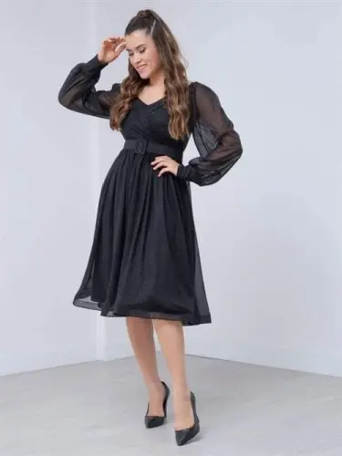 Long Sleeve Belted Tulle Dress - BLACK - BÜYÜKBEDENIZ (1)