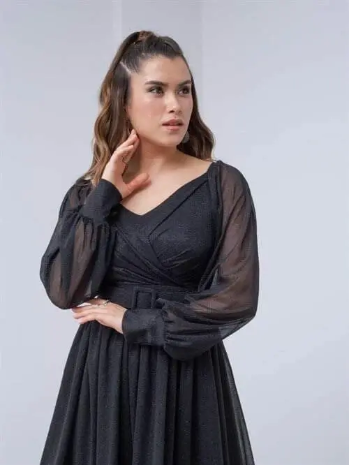 Long Sleeve Belted Tulle Dress - BLACK - 4