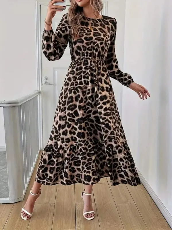 Long Sleeve Bicycle Collar Leopard Patterned Midi Supima Dress - 4