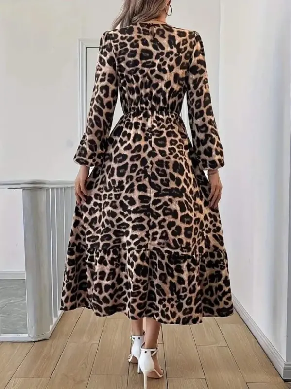 Long Sleeve Bicycle Collar Leopard Patterned Midi Supima Dress - 5