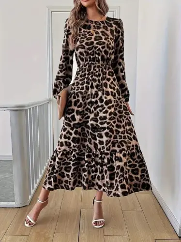 Long Sleeve Bicycle Collar Leopard Patterned Midi Supima Dress - BÜYÜKBEDENIZ (1)