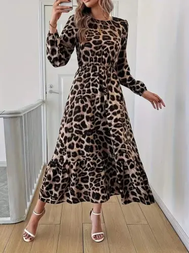 Long Sleeve Bicycle Collar Leopard Patterned Midi Supima Dress - 4