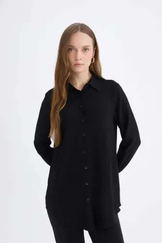 Long sleeve, black, regular fit tunic shirt. - 1