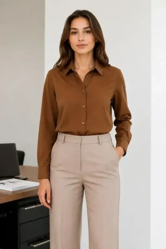 Long Sleeve Button-Down Shirt Classic Collar Suitable for Daily and Office Elegance - Brown - 2