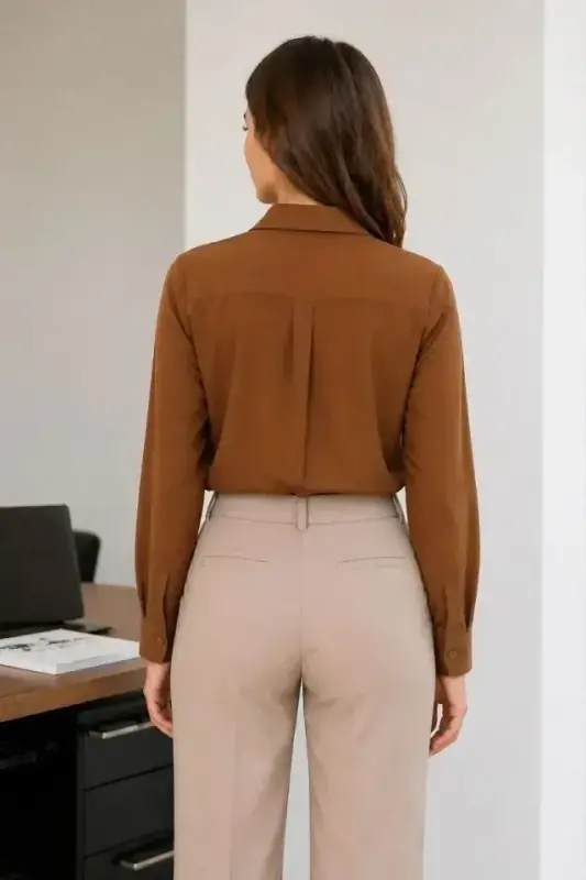 Long Sleeve Button-Down Shirt Classic Collar Suitable for Daily and Office Elegance - Brown - 3