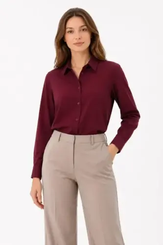 Long Sleeve Button-Down Shirt Classic Collar Suitable for Daily and Office Elegance - Burgundy - 1