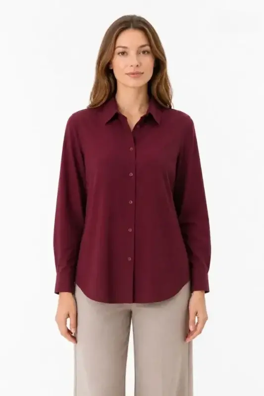 Long Sleeve Button-Down Shirt Classic Collar Suitable for Daily and Office Elegance - Burgundy - 3