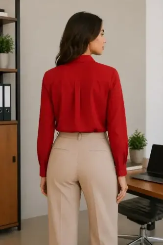 Long Sleeve Button-Down Shirt Classic Collar Suitable for Daily and Office Elegance - Red - 3