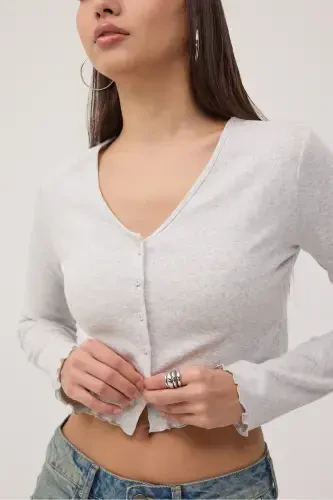 Long Sleeve Buttoned Crop Cardigan H1666-T10-Snow Melange - 6