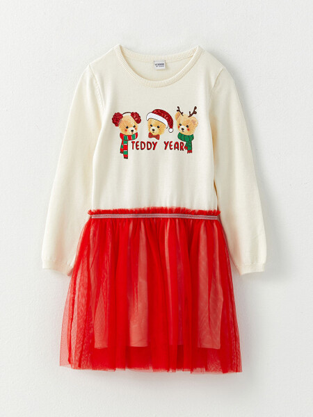 Long Sleeve Christmas Themed Girls' Knit Dress with a Bicycle Neckline - 1