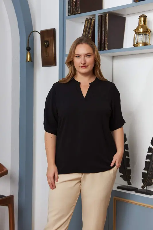 Long Sleeve Detailed Plus Size Blouse Black - BÜYÜKBEDENIZ