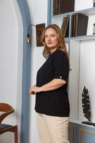 Long Sleeve Detailed Plus Size Blouse Black - 3
