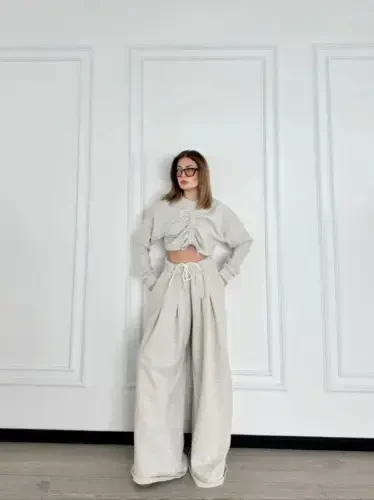 Long Sleeve Drawstring Front Crop and Pants Set - Gray - 1