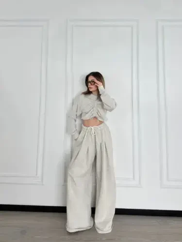 Long Sleeve Drawstring Front Crop and Pants Set - Gray - 2