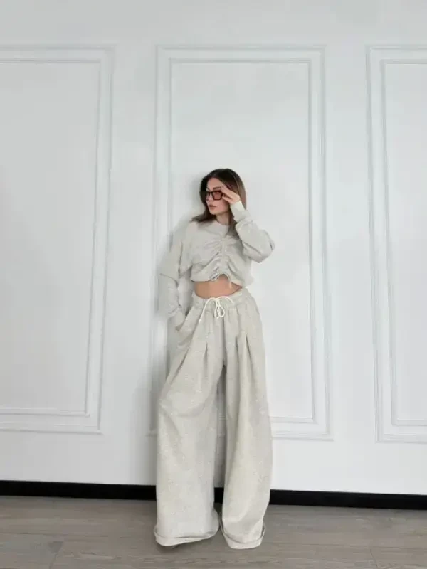 Long Sleeve Drawstring Front Crop and Pants Set - Gray - 2