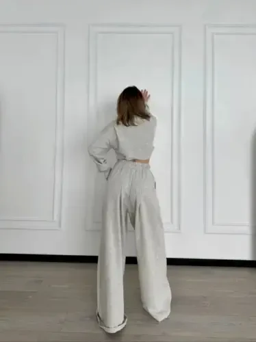 Long Sleeve Drawstring Front Crop and Pants Set - Gray - 3