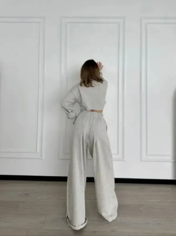 Long Sleeve Drawstring Front Crop and Pants Set - Gray - 3