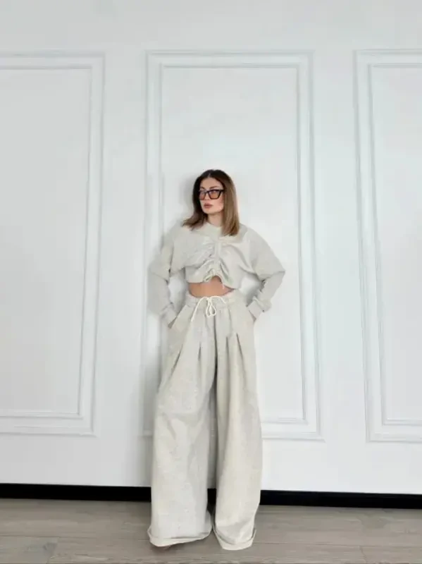 Long Sleeve Drawstring Front Crop and Pants Set - Gray - 4