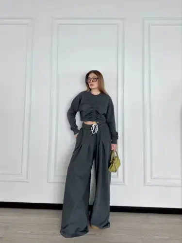 Long Sleeve Drawstring Front Crop Top and Pants Set - Anthracite - BÜYÜKBEDENIZ (1)