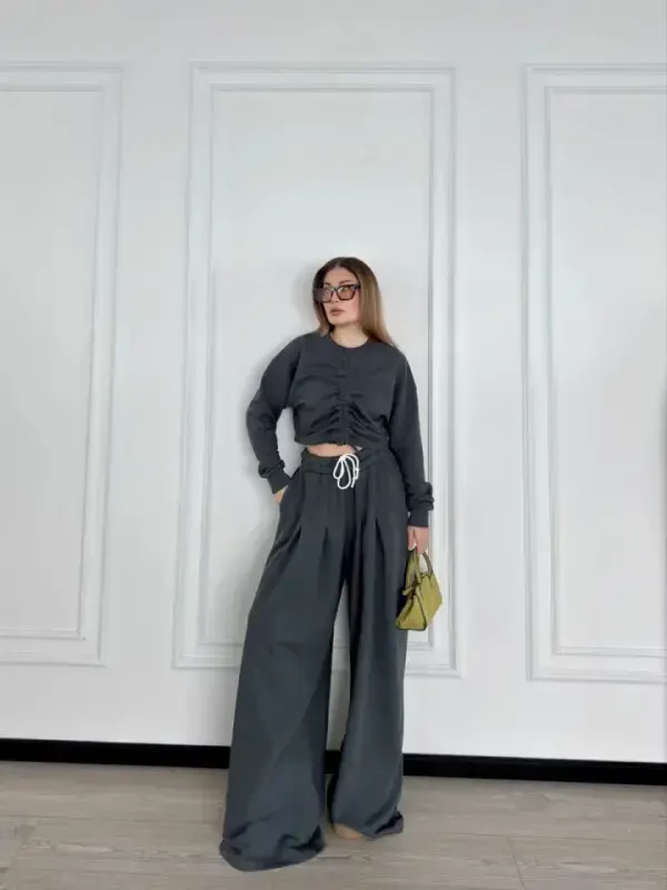 Long Sleeve Drawstring Front Crop Top and Pants Set - Anthracite - 2