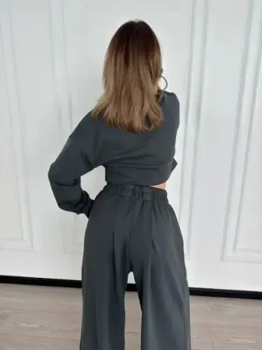 Long Sleeve Drawstring Front Crop Top and Pants Set - Anthracite - 3