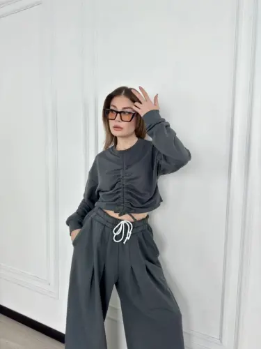 Long Sleeve Drawstring Front Crop Top and Pants Set - Anthracite - 1