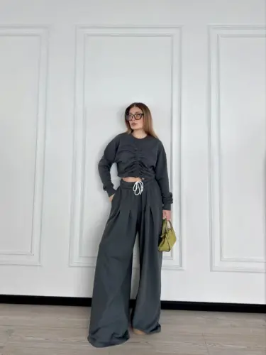 Long Sleeve Drawstring Front Crop Top and Pants Set - Anthracite - BÜYÜKBEDENIZ (1)