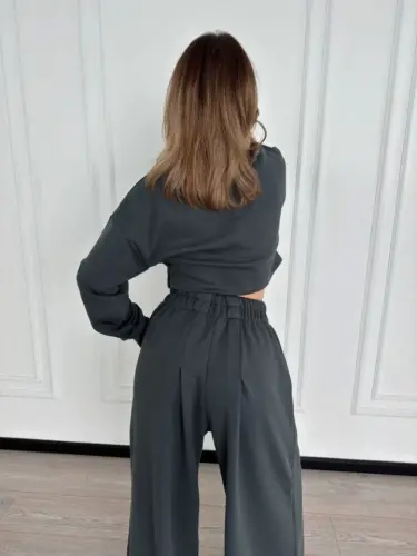 Long Sleeve Drawstring Front Crop Top and Pants Set - Anthracite - 3