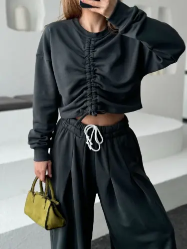 Long Sleeve Drawstring Front Crop Top and Pants Set - Anthracite - 4