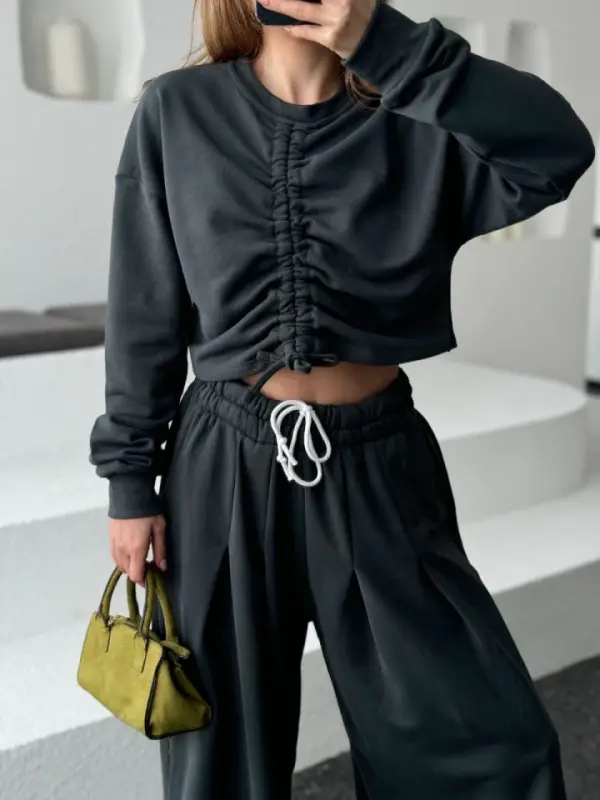 Long Sleeve Drawstring Front Crop Top and Pants Set - Anthracite - 4