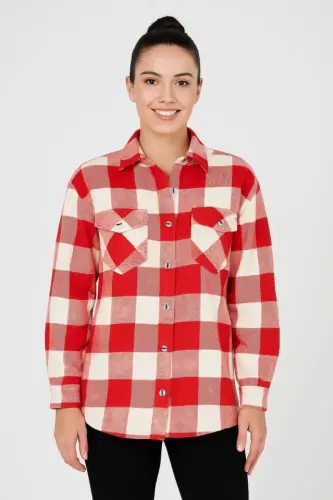 Long Sleeve Flannel Shirt - Burgundy - BÜYÜKBEDENIZ (1)