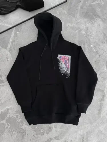 Long Sleeve Hooded Front and Back Printed Sweatshirt - Black - 3