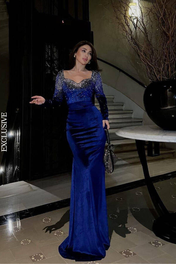 Long Sleeve Jeweled Neck Velvet Evening Dress - 1