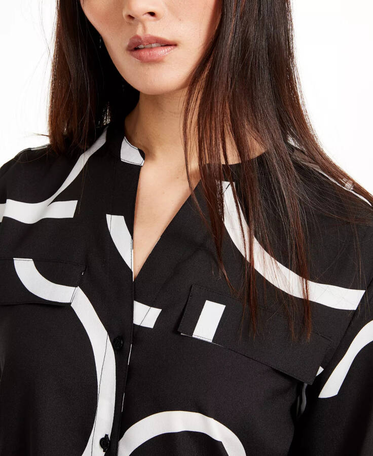 Long Sleeve Logo Button Front Blouse Black/White - 1