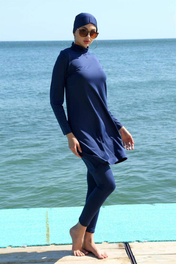 Long Sleeve Lycra Navy Modest Swimsuit 31055 - 7